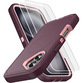 MXX Heavy Duty Made for iPhone 16 Case with Tempered Glass Screen, 3-Layer Full Body Protection Shockproof Dustproof Anti-Drop Cover for 16 Phone Case 6.1" (Plum/Light Pink)