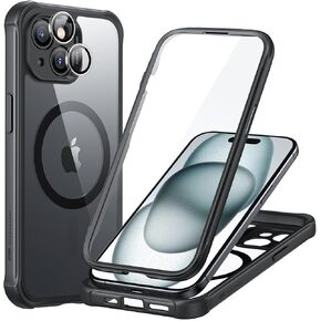 ESR for iPhone 15 Case, Compatible with MagSafe, Full-Body Military-Grade Drop Proof Case with Built-in 9H+ Tempered Glass Screen Protector, Armor Series, Clear Black