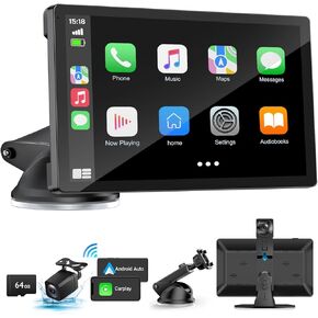 شاشة Carplay اللاسلكية للسيارة مع كاميرا اندفاعة 4K ، 9 بوصة Carplay و Android Auto ، شاشة تعمل باللمس ستيريو مع كاميرا احتياطية 1080 بكسل ، تنقل/التحكم الصوتي/المرآة/المرآة