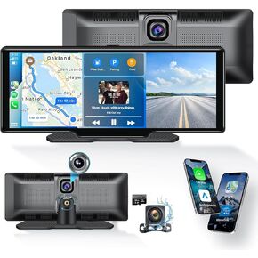 Portable Carplay Screen 10.26'' HD IPS Apple Carplay & Android Auto Screen for Car, Wireless Car Play Stereo with 4K Dash Cam/1080P Rear Camera, Car Audio Receivers,GPS Navigation,Mirror Link,FM,Siri
