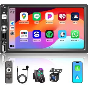 7" Wireless Apple CarPlay Double Din Car Stereo,FM Car Radio,Bluetooth 5.2,IPS Touchscreen 1024 * 600, Backup Camera,EQ Audio,Dual USB+Type-c Charging,Subwoord,Android Auto,Navigation,CarPlay MP5