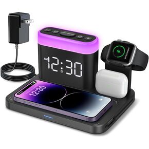 ANJANK Wirelss Charging Staion,3 in 1 Multiple Charger Stand with Alarm Clock,7 Night Light,Mag-Safe Charging Dock for iPhone 16 15 14 13 12 11 Pro Max Plus,Apple Watch10/9/8/7,for Airpods,Bedrooms