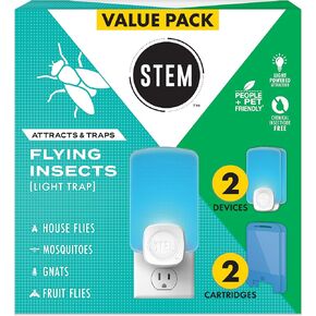 STEM Light Trap: Indoor Fruit Fly Trap, Effective Insect Control for Home, Attracts and Traps Flying Insects, Emits Soft Blue Light, Starter Kit with 2 Plug-In Devices and 2 Cartridges
