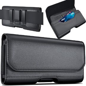 Case for Large iPhone Plus, Pro Max 16 15 14 13 12 11 Xs, Samsung Galaxy S25+ S24+ S23+ S22+ S21+, Cell Phone Belt Holster Clip, ID Card Holder Pouch, Fits Otterbox Case - Black