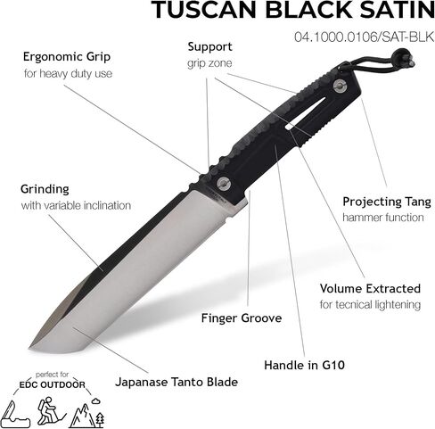 نسبة Extrema - Tuscan (Black) ، Bohler N690 Steel Blade 3.5 مم ، صلابة إلى 58 HRC ، شفرة الساتان ، مقبض الألمنيوم ، مصنوع في إيطاليا in Kuwait