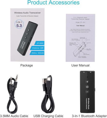 Upgraded Bluetooth 5.3 Transmitter 3-in-1, Portable Wireless Rechargeable Transceiver Adapter for TV PC, Stereo Audio Receiver for Car Speaker System in Kuwait