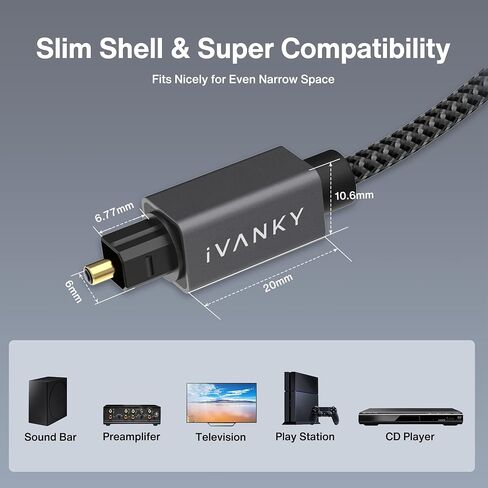 كابل الصوت البصري Ivanky 10ft/3M كبل بصري رقمي طويل لخبر الصوت ، S/PDIF Toslink الألياف البصرية [موصلات مضفر ، مطلية بالذهب ، مصنفة CL3] للتلفزيون ، السينما المنزلية ، Xbox/PS4 ، Sonos in Kuwait
