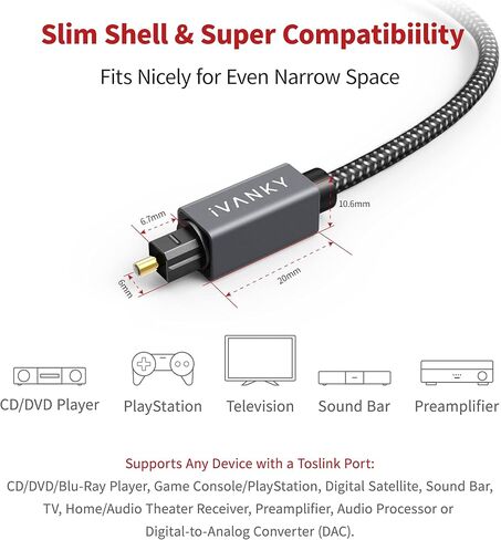كابل الصوت البصري Ivanky 10ft/3M كبل بصري رقمي طويل لخبر الصوت ، S/PDIF Toslink الألياف البصرية [موصلات مضفر ، مطلية بالذهب ، مصنفة CL3] للتلفزيون ، السينما المنزلية ، Xbox/PS4 ، Sonos in Kuwait