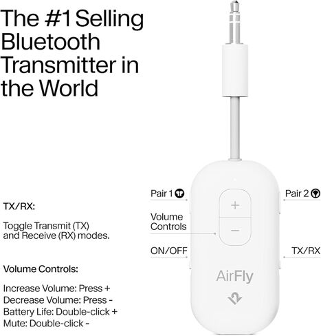AirFly Pro 2 – Bluetooth Adapter for Airplane, Pair 2 AirPods or Wireless Headphones – 3.5mm AUX Bluetooth Transmitter and Receiver for Cars, Boats, Treadmills, TVs & More – Airplane Travel Essentials in Saudi Arabia
