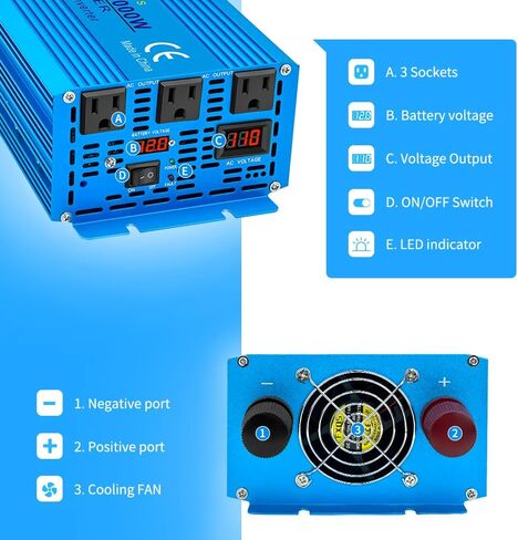 LVYUAN 1000 Watt Inverter Pure Sine Wave Inverter 24V to 110V DC to AC with U.S. Outlet, USB Charger Ports, Car Power Inverter for Vehicles, RV, Outdoor, Home in Kuwait