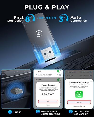 محول CarPlay اللاسلكي و Android Auto Wireless Adapter 2-in-1 سريع ومستقر محول لاسلكي تحويل سلكية إلى محول تشغيل السيارات اللاسلكي لـ iOS 10+/Android 11+ (رمادي) in Kuwait