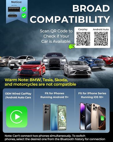 محول CarPlay اللاسلكي و Android Auto Wireless Adapter 2-in-1 سريع ومستقر محول لاسلكي تحويل سلكية إلى محول تشغيل السيارات اللاسلكي لـ iOS 10+/Android 11+ (رمادي) in Kuwait