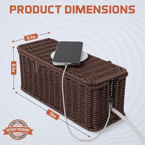 Cable Management Box, Handmade Rattan Cable Organizer, 2 Open Slots Cords Hider Box, Under Desk Cord Organizer for Computer Router USB Hub & Power Strip, Patent Pending, 13" x 5.1" x 5.1", Natural in Kuwait