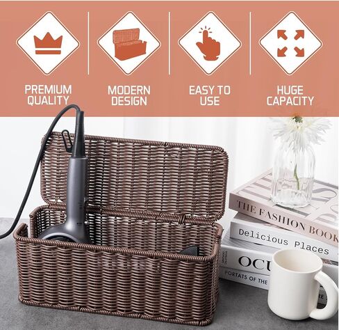Cable Management Box, Handmade Rattan Cable Organizer, 2 Open Slots Cords Hider Box, Under Desk Cord Organizer for Computer Router USB Hub & Power Strip, Patent Pending, 13" x 5.1" x 5.1", Natural in Kuwait