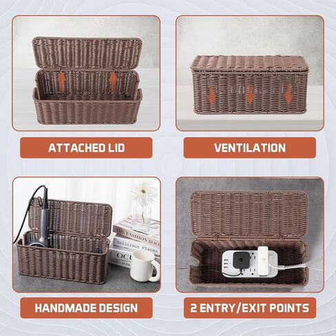 Cable Management Box, Handmade Rattan Cable Organizer, 2 Open Slots Cords Hider Box, Under Desk Cord Organizer for Computer Router USB Hub & Power Strip, Patent Pending, 13" x 5.1" x 5.1", Natural in Kuwait