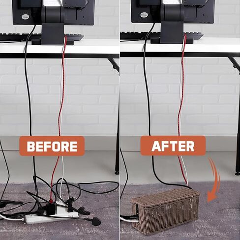 Cable Management Box, Handmade Rattan Cable Organizer, 2 Open Slots Cords Hider Box, Under Desk Cord Organizer for Computer Router USB Hub & Power Strip, Patent Pending, 13" x 5.1" x 5.1", Natural in Kuwait