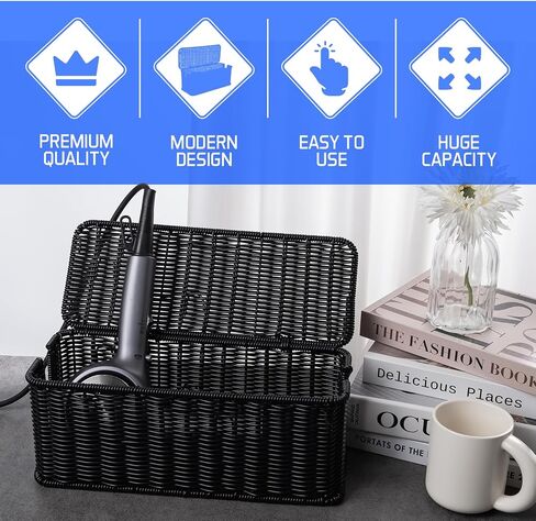 Cable Management Box, Handmade Rattan Cord Organizer for Power Strip | Open Slots Cord Hider for Power Strip, Router & USB Hub, Registered U.S. Design Patent in Kuwait