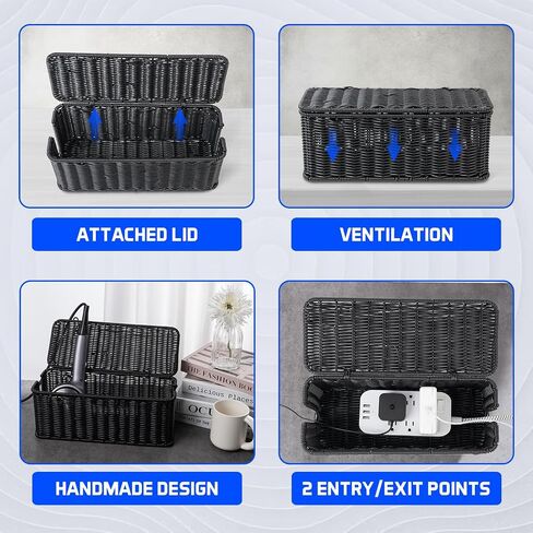 Cable Management Box, Handmade Rattan Cord Organizer for Power Strip | Open Slots Cord Hider for Power Strip, Router & USB Hub, Registered U.S. Design Patent in Kuwait