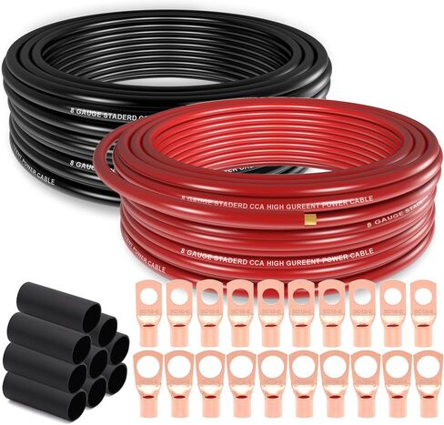 8 Gauge Wire (25ft Each - Red/Black) Copper Clad Aluminum CCA - Primary Automotive Wire,Car Amplifier Power & Ground Cable, 20PCS Lugs Terminal Connectors,20PCS 2:1 Heat Shrink Tubing in Kuwait