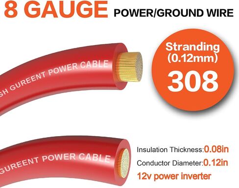 8 Gauge Wire (25ft Each - Red/Black) Copper Clad Aluminum CCA - Primary Automotive Wire,Car Amplifier Power & Ground Cable, 20PCS Lugs Terminal Connectors,20PCS 2:1 Heat Shrink Tubing in Kuwait