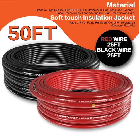 8 Gauge Wire (25ft Each - Red/Black) Copper Clad Aluminum CCA - Primary Automotive Wire,Car Amplifier Power & Ground Cable, 20PCS Lugs Terminal Connectors,20PCS 2:1 Heat Shrink Tubing in Kuwait
