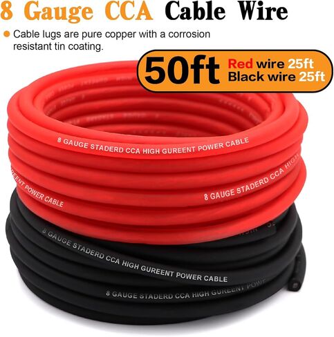 8 Gauge Wire Copper Clad Aluminium CCA 50ft Black/Red مع 8Ga Lugs ، حامل الصمامات 60A وأنبوب تقلص الحرارة - كابل طاقة/أرضية ، مكبر صوت صوت ، RV Trailer AMP الأسلاك in Kuwait