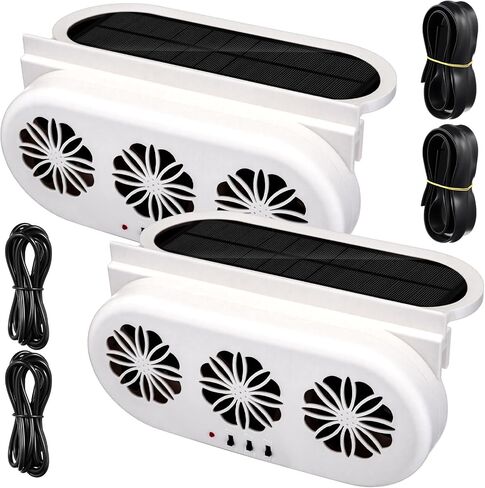 2 Pack Solar Powered Car Exhaust Fan 3 Fans Car Window Air Vent Radiator Solar Energy Cooling Vent Exhaust for General Types(Solar & USB Cable 3 Fans,White) in Saudi Arabia