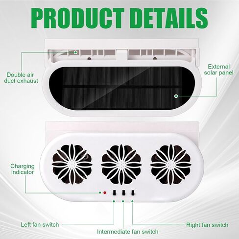 2 Pack Solar Powered Car Exhaust Fan 3 Fans Car Window Air Vent Radiator Solar Energy Cooling Vent Exhaust for General Types(Solar & USB Cable 3 Fans,White) in Saudi Arabia