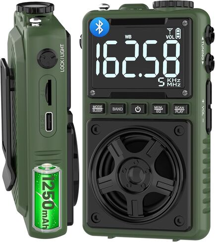 Bluetooth AM FM Shortwave Radio with NOAA Weather Alert,1250mAh Rechargeable Portable Pocket Radio with Best Reception,5W Big Speaker, Digital Tuner and Earphone,Support SD Card and USB MP3 Player in Kuwait
