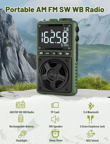 Bluetooth AM FM Shortwave Radio with NOAA Weather Alert,1250mAh Rechargeable Portable Pocket Radio with Best Reception,5W Big Speaker, Digital Tuner and Earphone,Support SD Card and USB MP3 Player in Kuwait