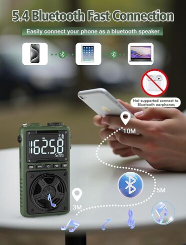 Bluetooth AM FM Shortwave Radio with NOAA Weather Alert,1250mAh Rechargeable Portable Pocket Radio with Best Reception,5W Big Speaker, Digital Tuner and Earphone,Support SD Card and USB MP3 Player in Kuwait