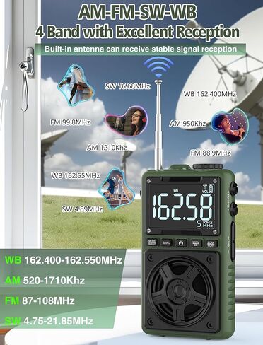 Bluetooth AM FM Shortwave Radio with NOAA Weather Alert,1250mAh Rechargeable Portable Pocket Radio with Best Reception,5W Big Speaker, Digital Tuner and Earphone,Support SD Card and USB MP3 Player in Kuwait