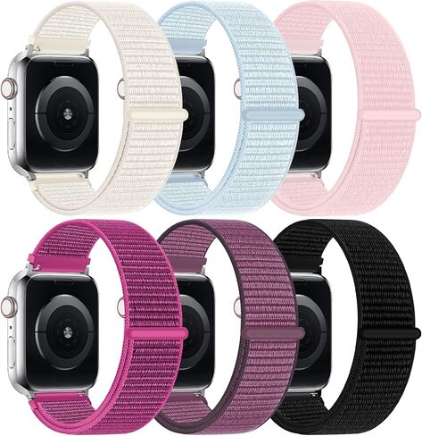 6 Pack Nylon Sport Loop Band Compatible with Apple Watch Band 38mm 40mm 41mm 42mm 44mm 45mm 46mm 49mm Women Men, Soft Adjustable Braided Replacement Straps for iWatch Series 10 9 8 7 6 5 4 3 2 1 SE Ultra in Saudi Arabia