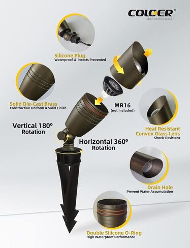 COLOER Die-cast Brass Landscape Spotlights Outdoor with 5W Aluminum Housing LED MR16 Bulb 2700K 450LM,12V AC/DC Low Voltage Lighting, Outdoor Directional Up Light, Spot Lights for Yard(102B,1 Pack) in Saudi Arabia