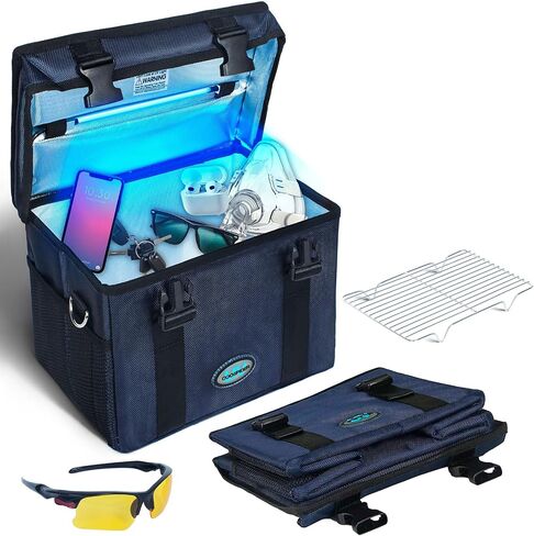 UV Light Sanitizer Box, Portable Foldable Cleaner and Sanitizing Machine with 3-level Timer, UV Cleaner Bag for Toys, Key, Towel, Mask Cleaning Machine USB & Wall Plug-in Charging Blue 12L Ozone-Free in Kuwait