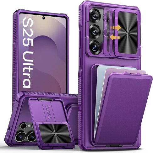 for Samsung Galaxy S25 Ultra Case with Card Holder & Kickstand & Slide Camera Lens Cover, Silicone Edge Protection Rugged Heavy Duty Phone Case Cover for Galaxy S25 Ultra 5G, Black in Kuwait