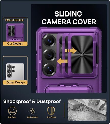 for Samsung Galaxy S25 Ultra Case with Card Holder & Kickstand & Slide Camera Lens Cover, Silicone Edge Protection Rugged Heavy Duty Phone Case Cover for Galaxy S25 Ultra 5G, Black in Kuwait