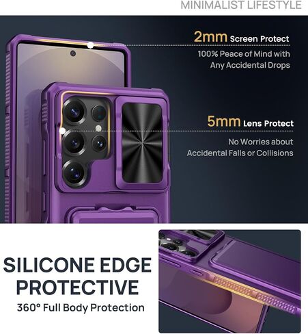 for Samsung Galaxy S25 Ultra Case with Card Holder & Kickstand & Slide Camera Lens Cover, Silicone Edge Protection Rugged Heavy Duty Phone Case Cover for Galaxy S25 Ultra 5G, Black in Kuwait