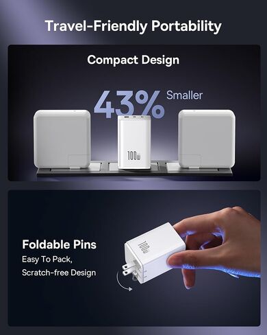 Baseus 100W USB C Charger Block, 3-Port GaN Foldable Compact PPS Wall Charger, Fast Power Adapter for MacBook Pro/Air, iPad, iPhone 16/15, Galaxy S24, Steam Deck & More in Saudi Arabia