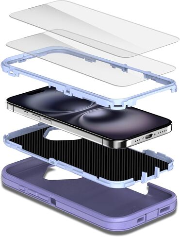 MXX Heavy Duty Made for iPhone 16 Case with Tempered Glass Screen, 3-Layer Full Body Protection Shockproof Dustproof Anti-Drop Cover for 16 Phone Case 6.1" (Plum/Light Pink) in Saudi Arabia