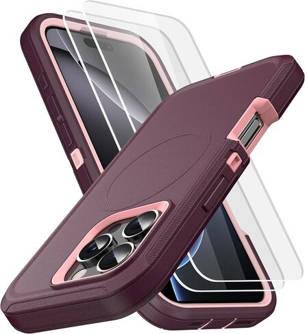 MXX Heavy Duty Made for iPhone 16 Case with Tempered Glass Screen, 3-Layer Full Body Protection Shockproof Dustproof Anti-Drop Cover for 16 Phone Case 6.1" (Plum/Light Pink) in Saudi Arabia