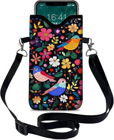 النيوبرين الهاتف الخليوي كم الحقيبة حقيبة مع حزام Crossbody الرقبة الحبل للنساء 7.1X3.9 في نمط زهرة الطيور in Kuwait