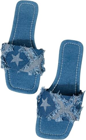 GORGLITTER Women's Denim sandals Star Jean Flat Sandals Y2k Slip On Slide Sandals in Saudi Arabia