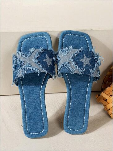 GORGLITTER Women's Denim sandals Star Jean Flat Sandals Y2k Slip On Slide Sandals in Saudi Arabia