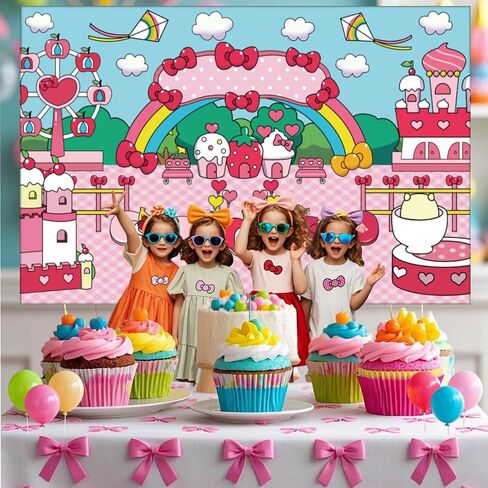 Pink Bow tie Backdrop Birthday Decorations, Anime Hello Cat Birthday Party Banner for Kids and Girls Kid Party Theme Supplies in Saudi Arabia