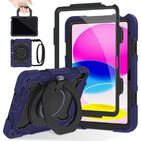 ROISKIN for iPad 10th Generation 10.9 inch Case 2022 for Kids with Screen Protector [ 15ft Drop Protection] 360 Kickstand,360 Handle,Shoulder Strap, Heavy Duty Bulky Cover for iPad 10th Gen-Navy Blue