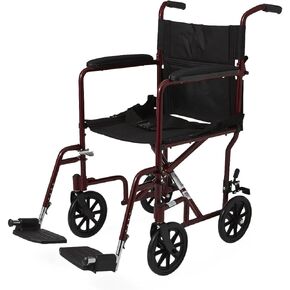 Medline Aluminum Transport Chair, 17 inch, Red - Lightweight, Foldable, Easy Maneuverability - Supports up to 300 lbs - Ideal for Medical Patients