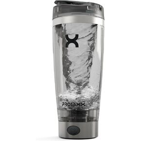 Promixx Pro Shaker Bottle (iX-R Edition) | Rechargeable, Powerful for Smooth Protein Shakes | includes Supplement Storage - BPA Free | 20oz Cup (Silver Blue/Gray)