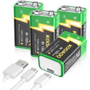 2-Pack Rechargeable 9V Batteries, High Capacity 1300mAh 9 Volt Lithium-ion Long Lasting Power, USB-C Recharge with 2 in 1 Charging Cable for Smoke Alarms,Multimeters,Toys,Microphones,Walkie-Talkie