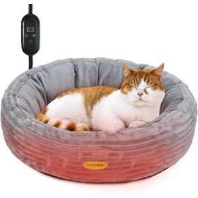 Heated Cat Bed for Indoor Cats, 20’’ Electric Cat Heated Bed Pet Warming Bed for Cats and Small Dogs, Washable Calming Round Donut Pet Bed with Heating Pad, Indoor Use
